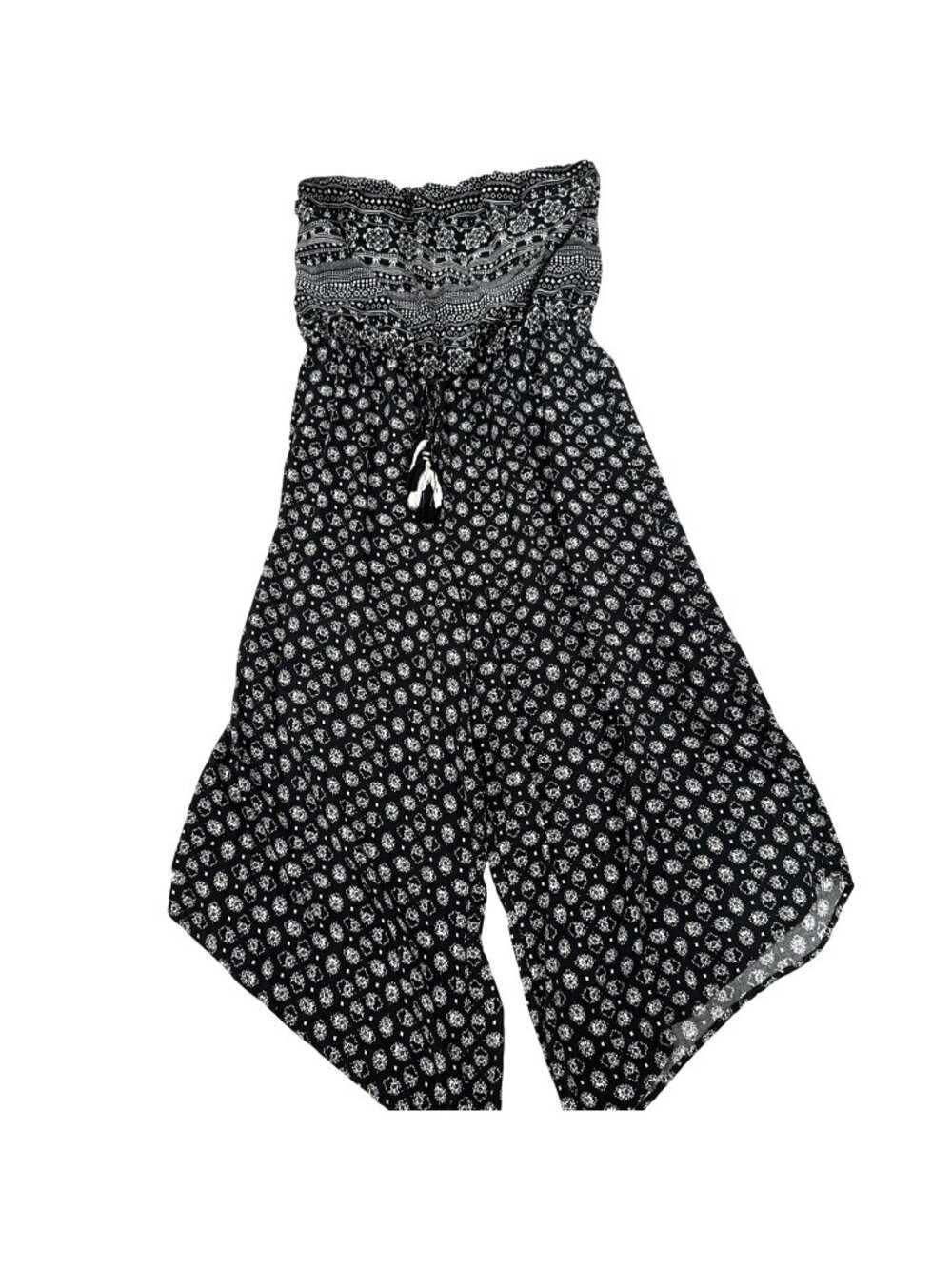 Black & White Strapless Jumpsuit With Drawstring Waist & Boho Print L